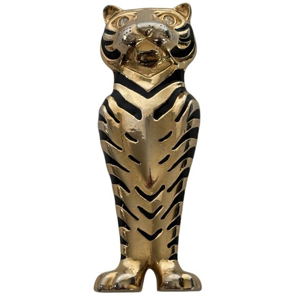 Vintage Tiger Brooch Pin Enamel Rhinestone Jewelry Art Deco Large Heavy Goldtone - Picture 1 of 7